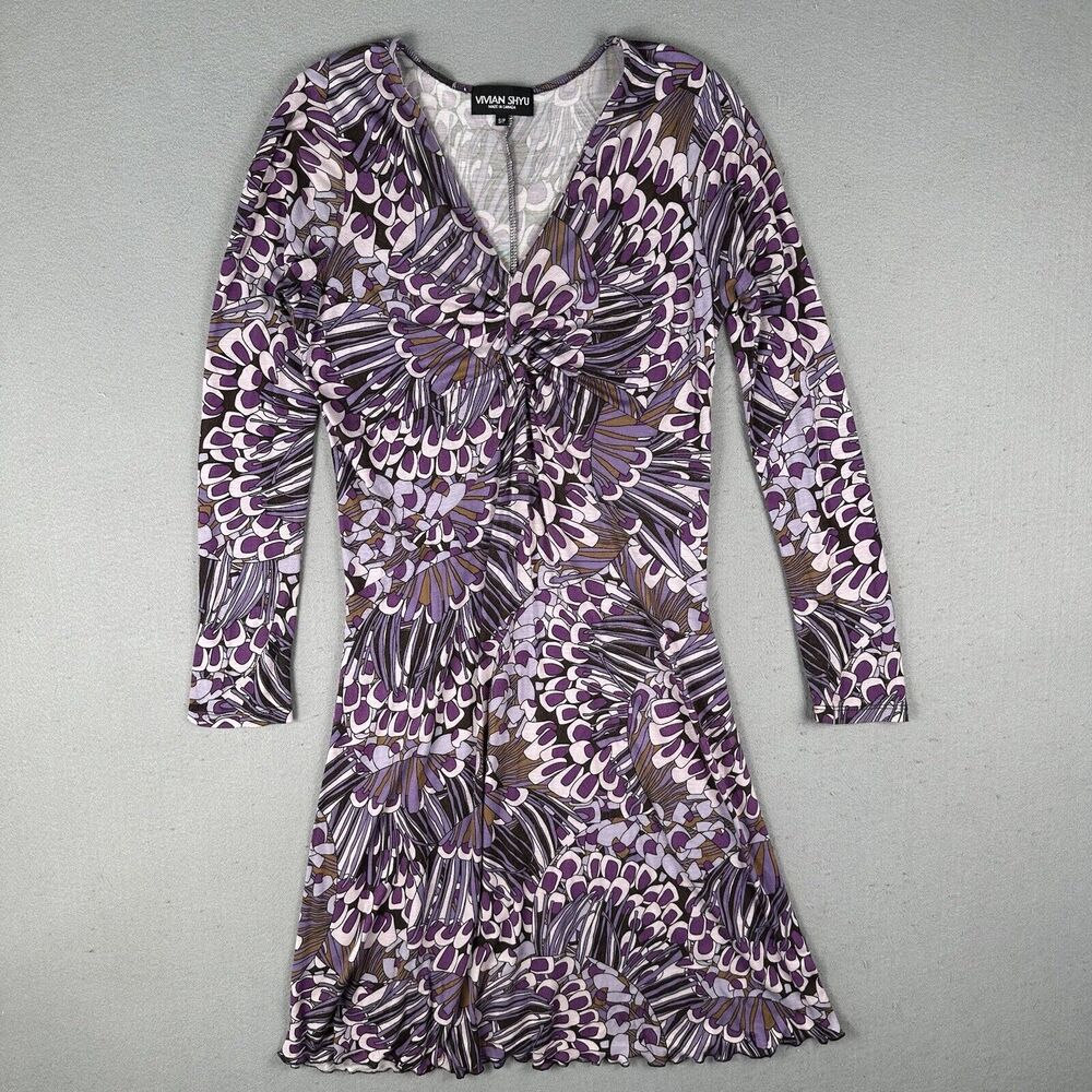 Vivian Shyu Floral Dress Women’s Small Purple‎ Long Sleeve V Neck Midi
